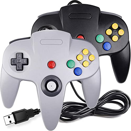 miadore 2 Pack USB Wired N64 Controller, Classic N64 PC Gamepad Joystick Controller for Windows PC MAC Linux Raspberry Pi 3 (Black/Gray)