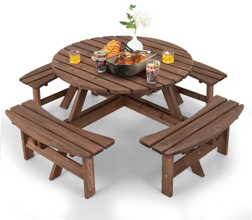 GIANTEX Gartenmöbel Set Holz 8 Personen, Garten Sitzgruppe 4 Bänken & 1 Gartentisch, Picknicktisch mit Schirmloch, Bierzeltgarnitur Bierbankgarnitur Biertischgarnitur Massiv Tannenholz wetterfest