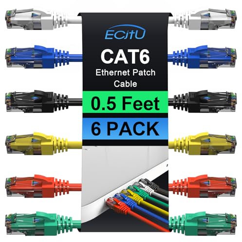 Cat6 Patch Cables 0.5 Foot (6 Pack), Cat 6 Ethernet Cable, 24AWG CCA Cord, UTP Network, Internet Cable, Compatible for PC, Routers, Switches, Servers, Printers, RJ45 LAN with 25 Cable Ties - 0.5FT