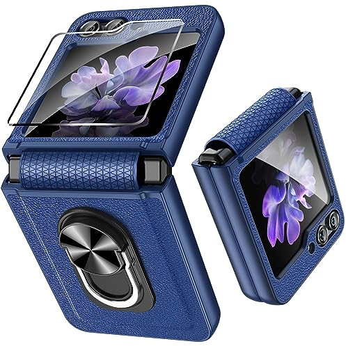 Fewdew Cover per Samsung Z Flip 5,Cover Z Flip 5 con Cerniera Protezione e Protezione Dello Schermo Posteriore,360°Rotante Anello Supporto,Anti-Graffio,Custodia per Samsung Galaxy Z Flip 5,Blu