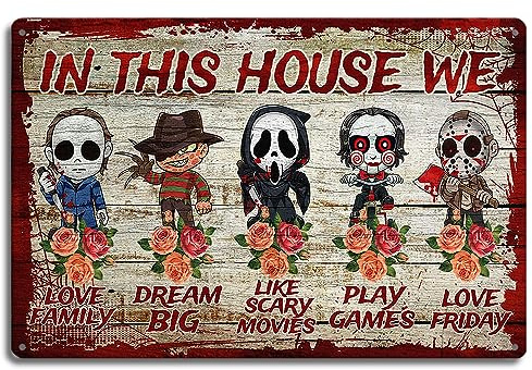 30,5 x 20,3 cm Retro-Blechschild – Wanddekoration für Zuhause, Horrorfilm-Charaktere, floraler Hintergrund, geeignet für Zuhause, Bars, Cafés, einzigartiges Geschenk für Heimdekoration und