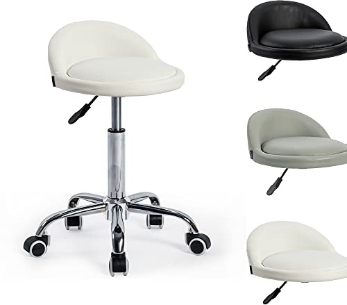 Mingone Rollhocker mit niedriger Rückenlehne, 360°-Drehung,Weiß | Gepolsterte PU-Sitzfläche, Ergonomischer Hocker mit Rollen,Höhenverstellbar [45-60cm], für Büros|Küchen|Salon|Arztpraxen