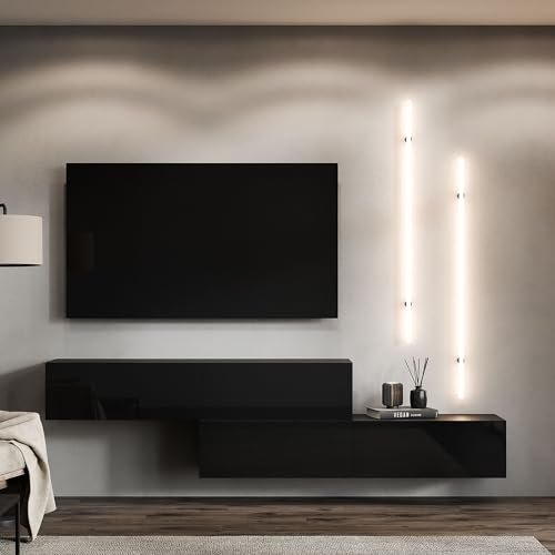 Planetmöbel TV Wohnwand Wohnzimmer 2X 160 cm Schwarz, Modern, TV Schrank mit 2 Klappen als Stauraum, hängend oder stehend