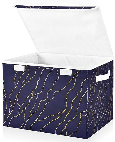 Mnsruu Storage Boxes with Lids, Gold Lines Foil Navy Blue Large Storage Basket Organizer Shelves Cube Bin Toy Clothes Underbed