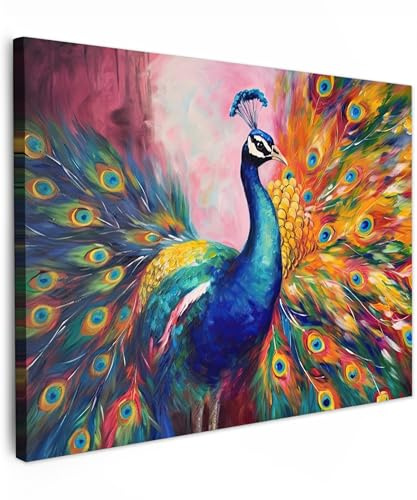 MuchoWow© Bild auf Leinwand Schlafzimmer Bilder Wand Deko Wohnzimmer Modern | 80x60 cm - Wanddeko Bilderwand Geschenk Kunstdruck - Bunt - Pfau - Tiere - Gemälde - Regenbogen