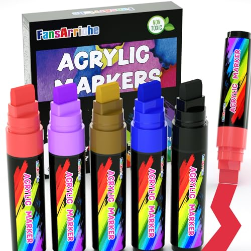 FansArriche Acryl-Marker, 5 Farben, Acrylfarben-Marker, 15 mm – Jumbo-Filzspitze, wasserdicht und permanent, Malstifte zum Markieren, Schilder, Kalligraphie und Outdoor-Gemälde