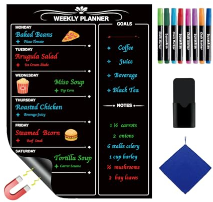DumanAsen Magnetic Fridge Calendar, Meal Planner, Dry Eraser Weekly Menu Board - 16 x 12 inches - Includes 8 Colourful Pens (Black)