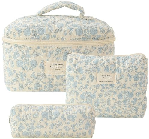 Lushandy Lot de 3 trousses de maquillage florales en coton matelassé pour femme - Jolie trousse de maquillage esthétique - Grande trousse de toilette de voyage, 01-Fleur bleue