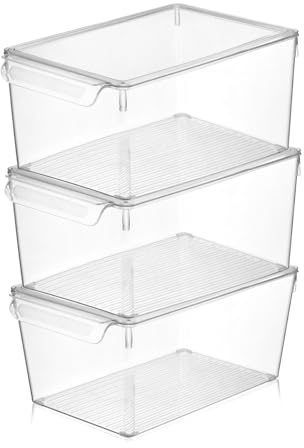 Viwares Kühlschrank Organizer mit Deckel | 3 er Set | Hochtransparente Aufbewahrung für Wurst, Obst & Gemüse | Aufbewahrungsbehälter zum Frischeerhalt | 20 x 32,5 x 14 cm | Geruchsdicht