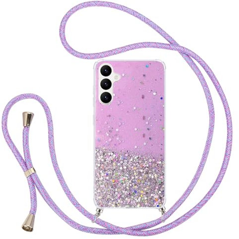 Pepmune Handyband Kompatibel mit Samsung Galaxy A15 4G/5G Hülle mit Band Glitzer Transparent Case Silikon Schutzhülle mit Kordel zum Umhängen Mädchen Handyhülle für Samsung A15 4G/5G Lila