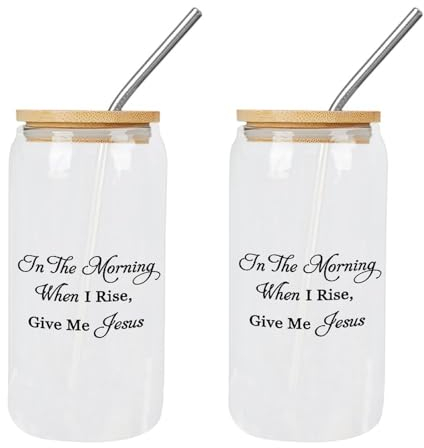 Yelolyio Glasbecher, 473 ml, mit Deckel, Strohhalme in The Morning When I Rise, Give Me Jesus, Trinkgläser, Happy Mother's Day, ideal für Eiskaffee, Cocktail, Tee, Saft, 2 Stück