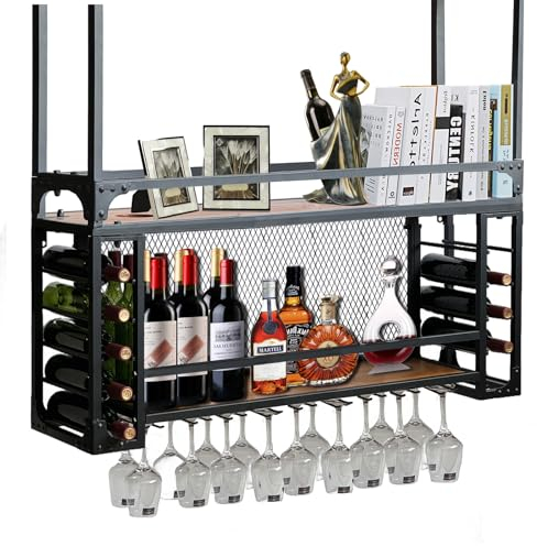 RAJYQODIS Deckenregal Weinregal, Hängend Weinglasregal mit Glasablage für Stielgläser, 2-Lagiger industrielles Dekoration Regal, Für Bars/Restaurants/Küchen