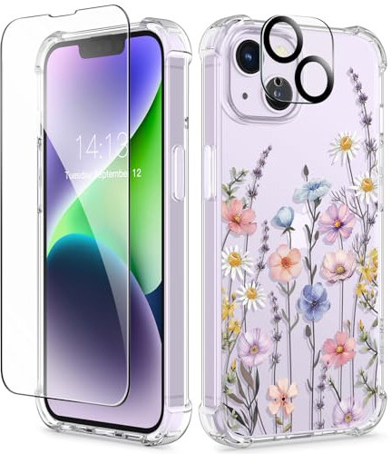 GVIEWIN Compatible with iPhone 14 Case 6.1 Inch 2022, with Tempered Glass Screen Protector+Camera Lens Protector, Flower Clear TPU Slim Bumper Shockproof Protective Soft Phone Cover, Mallow/Colorful