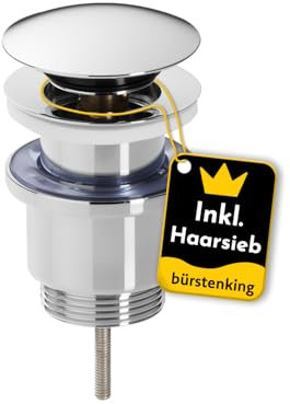 Bürstenking Ablaufgarnitur Waschbecken – Ablaufventil mit Haarsieb – für Waschbecken & Waschtisch – 1 1/4 Anschlussgewinde & M6 Schraube – Push-Open Funktion – mit Überlauf – ø 63 mm – Chrom Silber