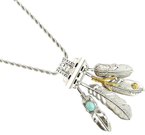HMLXSH Necklace Adapter Pendant Compatible with Apple Watch, Retro Feather Accessory Connector with Double Wound Wristband, Twist Chain Tether IWatch Series 8/7/6/5/4/SE/9 (42 44 45MM)