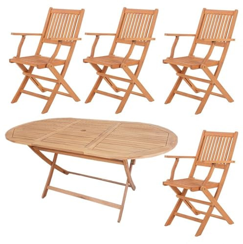 LOLAhome Conjunto Exterior Madera Mesa 160 cm y 4 Sillas Plegables, Kate | De madera natural sostenible de acacia con FSC con transpiración natural y resistencia UV. Para exterior, jardín, terraza.