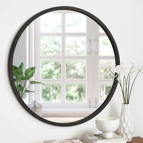 JJUUYOU Round Mirror Wood Frame Circle Mirror 60CM Mounted Rustic Retro Round Mirrors for Living Room Bedroom Bathroom,Black
