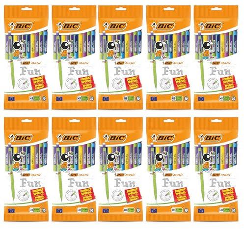 BIC Matic Fun Lot de 10 porte-mines en graphite durable Couleurs assorties Pointe rétractable Gomme blanche Écriture lisse Mines interchangeables pour l'école, le bureau et une utilisation quotidienne