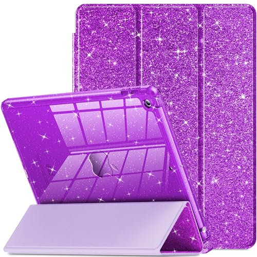 INFILAND for iPad 9th Generation 2021/ iPad 8th Generation 2020/ iPad 7th Generation 2019 Case 10.2 inch, Glitter Cover with Clear Back, Pencil Holder for Kids Girls (Purple)