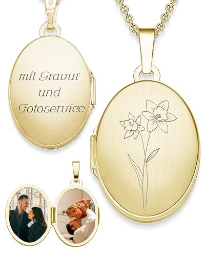AMOONIC Medaillon Gold oval mit Geburtsblume Narzisse Geburtsmonat März | Foto Amulett Anhänger antik vintage | personalisierte Halskette Damen