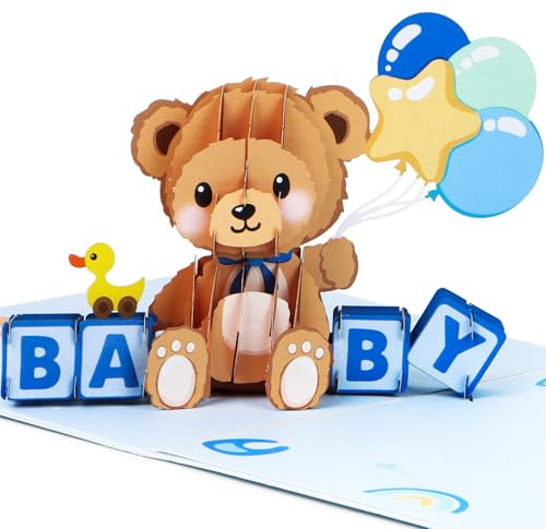 BETESSIN Pop-Up Karte zur Geburt Junge - Babyparty Karte mit Babybär Motiv - Glückwunschkarte mit Umschlag - Geldgeschenk zur Geburt, Babyparty, Taufe uvm.