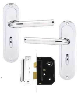 Madrid Polished Chrome & Satin Nickel Bathroom Door Handles with Lock, Door Handle with Lock for Bathroom, Bathroom Door Lock & Handle Set, Victorian Scroll Door Handles + 64mm Bathroom Lock Set