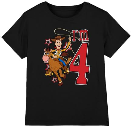Toy Story Boys Birthday Woody I'm 4 Unisex Kids T-Shirt, Black, 3-4 Years UK