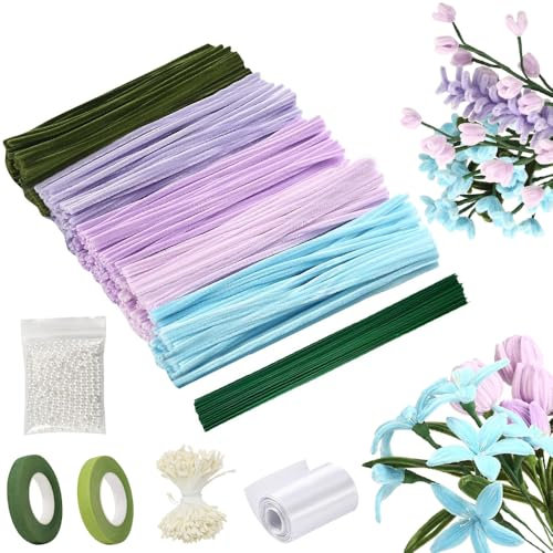 Lotvic Limpiapipas Manualidades, Limpia Pipas para Manualidades, Tallos de Chenilla, Manualidades Tallos de Chenilla, con Cinta Adhesiva, Alambre Floral, Cinta, Cintas, Cuentas, Soporte, Tulipán DIY