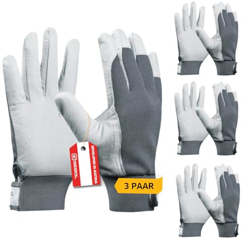 Gebol Uni Fit Comfort, 3 Paar Arbeitshandschuhe aus hochwertigem Leder, Handschuhe Herren für Bau, Mechanik & Garten mit elastischem Bund & Klettverschluss, Sicherheitshandschuhe Gr M/8 Weiß/Grau