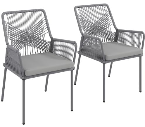 Outsunny Gartenstuhl Armlehne Abnehmbare Rückenlehne 2er Set Dunkelgrau | Rattan Gartenmöbel, Sitzkissen, Wetterfest, Outdoor Essstühle, Balkonstuhl, Rattanstuhl, für Garten Balkon Terrasse