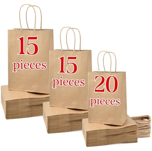 50stk Papiertüten mit Henkel,Gemischte Größen kraftpapier tüten,Braun Groß Geschenktüten Papiertaschen,Papiertragetaschen für Business, Geschenktasche(Groß-15, Mittel-15, Klein-20)