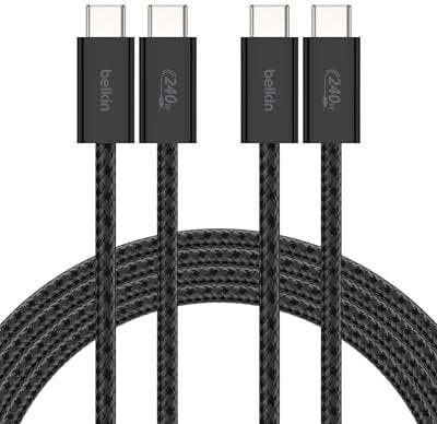 Belkin Braided USB-C to USB-C Cable (2M, 240W) - Soft, Flexible Fast-Charging Cable, Type C Charger Cord for iPhone 16 & 15 Series, Galaxy S25, Pixel 9, iPad Pro, & More - Black (USB 2.0, 2-Pack)