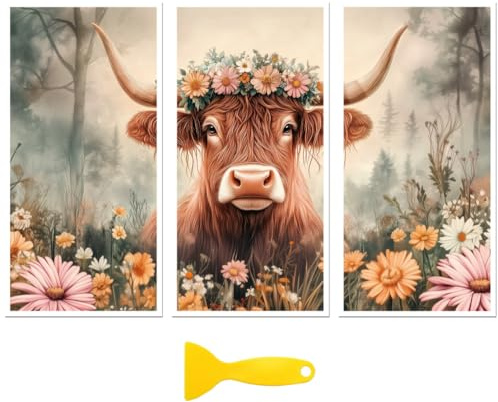 Peacoblue Abreibebild-Aufkleber für Möbeldeko 6x12 Blumen und Kühe, 3 Stück, Wasserdichter UV-DTF-Aufkleber für Schublade, Kommode, Glas, Porzellan, Holz, Kunststoff
