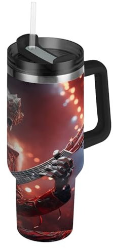 Wzzzsun Pop Star Sugar Skull Chitarra Borraccia Termica con Cannuccia Sportiva, Bottiglia Acqua in Acciaio Inox Isolato Senza BPA per Bevande Calde e Fredde per Bambini Scuola