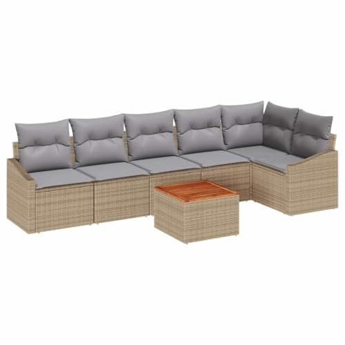 vidaXL 7-teiliges Garten-Sofa-Set mit Kissen in Beige aus Poly Rattan und Akazie – modulare, verstellbare Gartenmöbel für Terrasse, Balkon und Sitzbereich. UV-beständiger Living Lounger.