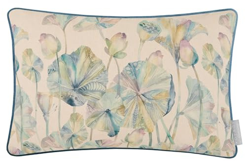 Voyage Maison Cheriton Feather Filled Cushion – Cotton Linen Blend Piped Edge Pomegranate Watercolour Design (Skylark - 40x60cm)