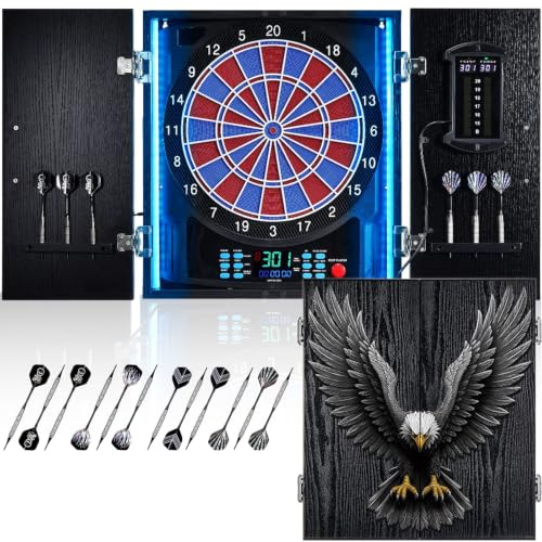 Yirinatek Dartscheibe Elektronisch, Dekoratives Elektronische Dartscheibe Schrank [6 Bronze Soft-Tip Pfeile], Eigene Lichtfarbe for Jeder Spieler, Profi E Dart Scheibe mit Holzschranktüren - Eagle