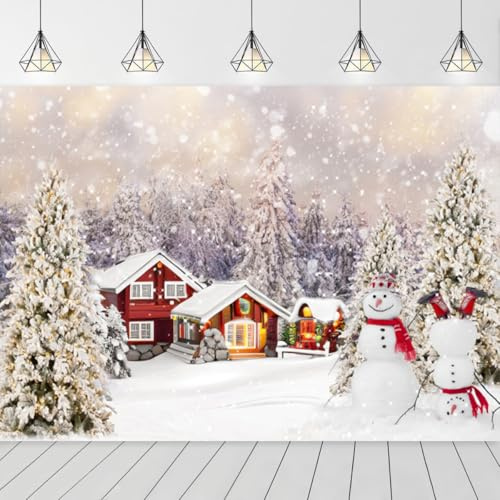 GCIREC 10x8ft Fondo Navideño Blanco y Rojo Bosque Invernal Muñeco de Nieve Árbol de Navidad Fondo para Fiestas Familiares Decoración Fiestas Navideñas Pancarta Accesorios para Fotomatón