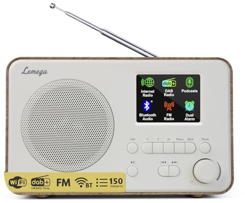 LEMEGA IR1S Internet Radio,Podcasts,DAB+/FM Radio with Bluetooth,Walnut | Alarm clock,full colour display,mains or AA battery,compact kitchen radio,snooze,sleep timer,150 unified presets
