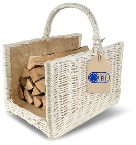 Creative Home Groß Kaminkorb Weiß Holzkorb Kaminholzkorb Rattan 45x30x47 cm | Aufbewahrung Rechteckig Weidenkorb für Kaminholz / Holz | Dick Weide Feuerholzkorb Holztrage Tragekorb