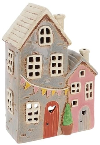 Lichthaus | Teelichthaus | Lichterhaus | Teelichthalter | Kerzenhalter | Keramik (Grau/Rosa 23x15x8 cm)