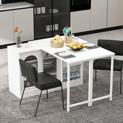 Table de bar moderne avec espace de rangement, extensible et rotative à 360°, réversible comme buffet ou table de cuisine, avec porte d'armoire en verre, multifonctionnelle pour cuisine ou bar à café
