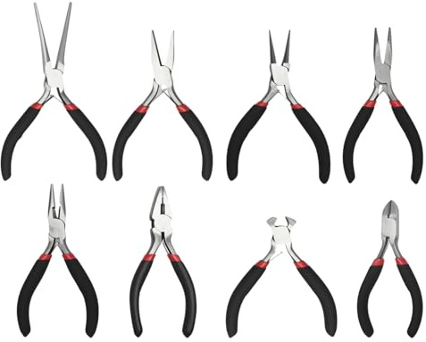 MospdyGear 8 Pcs Mini Jewelry Pliers Set, Precision CRV Pliers for Crafting and Electronics, Includes Long Nose, Bent, Flat, Round, Side Cutting and End Cutting Pliers