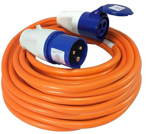 Heavy Duty Caravan Hook Up Cable, 50M Extension Lead Cable, 16 Amp Cable 240V Camping Extension Lead, High Visibility Orange - Perfect for Campervans & Motorhomes (50M)