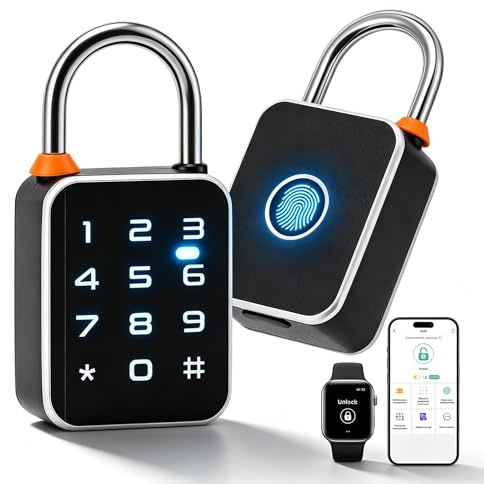 Smart Fingerprint Padlock with Keypad, 4-in-1 Bluetooth App & Watch Unlock, IP65 Waterproof Gym Locker Lock, 80g Lightweight Keyless Combination Padlock for Outdoor Fence, Gate, Shed, Suitcase