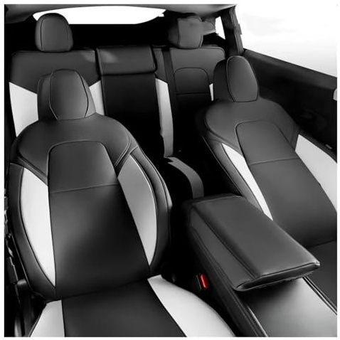 AJHJET Autositzbezüge Komplettes Set Sitzbezüge Aus PU-Leder, Weich Und Atmungsaktiv, Für Tesla Für Model 3 Für Highland (2017–2024)(Black-White)