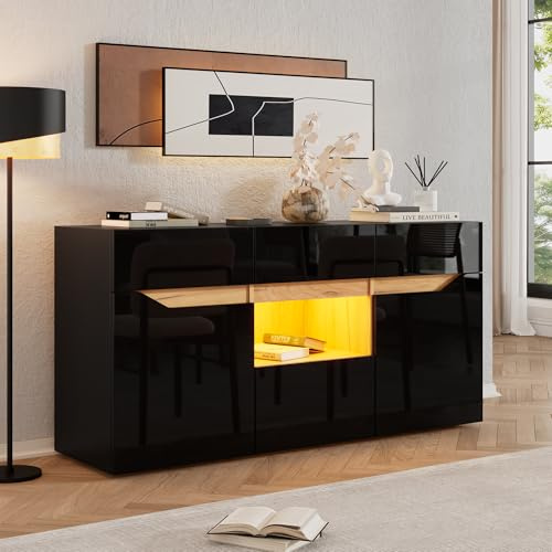 Merax Sideboard in Hochglanz Schwarz, Moderne Kommode Aufbewahrungsschrank mit LED-Beleuchtung, Küchenschrank Buffetschrank mit 2 Türen, 4 Schubladen, Mehrzweckschrank für Esszimmer, Wohnzimmer, Küche
