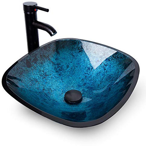 YOURLITE Bathroom Vessel Sink,Bowl Vessel Sink with Faucet and Drain Combo,Blue Tempered Glass Vessel Sink for Bathroom