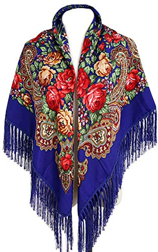 Gudessly Traditioneller Schal für Damen, mit Quaste, Fransen, Halstuch, Kopfschal, Retro-Schal, Blumenmuster, Poncho-Druck, Königsblau, Einheitsgröße