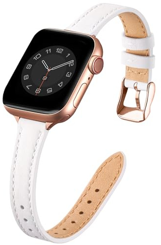 SUNFWR Leather Strap for Apple Watch 42mm(Series 3/2/1)44mm 45mm 46mm Women | Slim&Thin Genuine Leather Elegant iWatch Replacement fits iWatch Series 12 11 10 9 8 7 6 5 4 3 2 1 SE(White&Rosegold)
